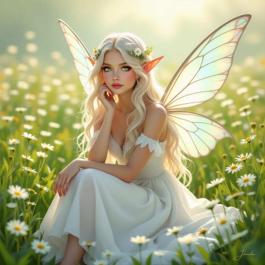 Ethereal Fairy Amidst Daisies in Fantasy Art Style