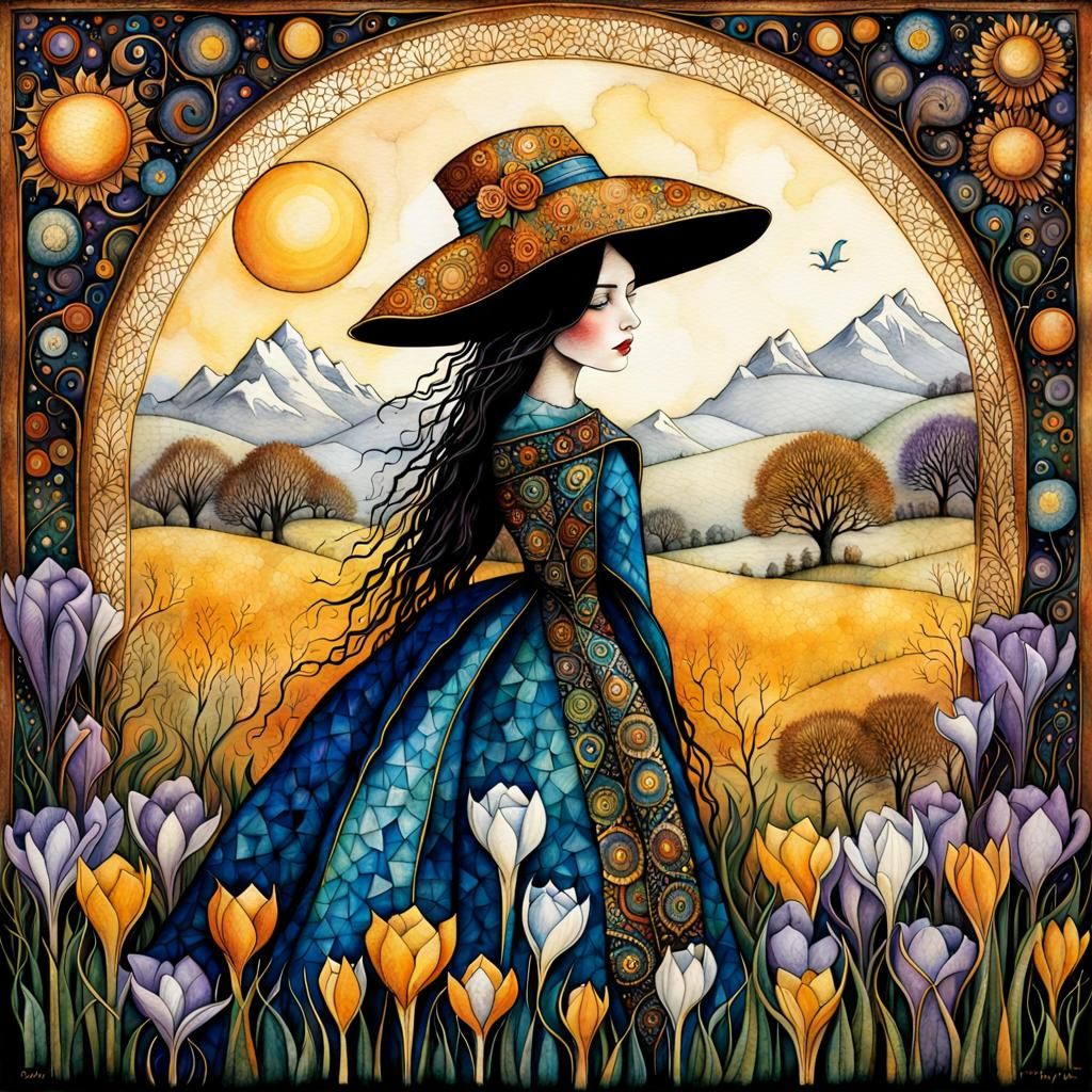 Crocus Lady in Surreal Watercolor Mosaic