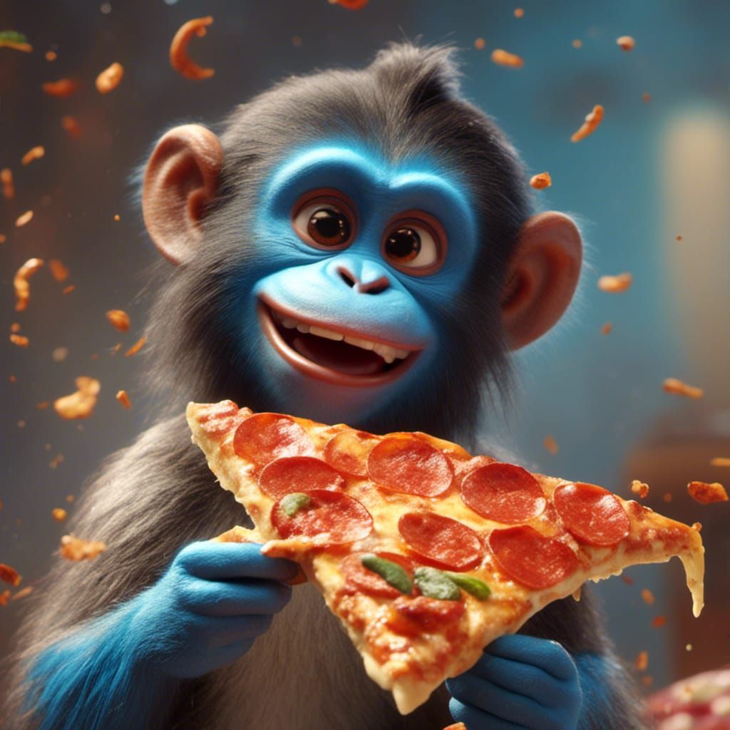 Hyperrealistic Blue Monkey Eating Pizza