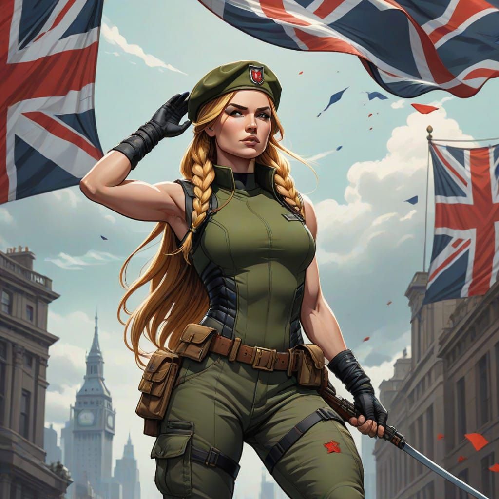 Surreal Comic Book Art of a Blonde Warrior in Red Beret and...