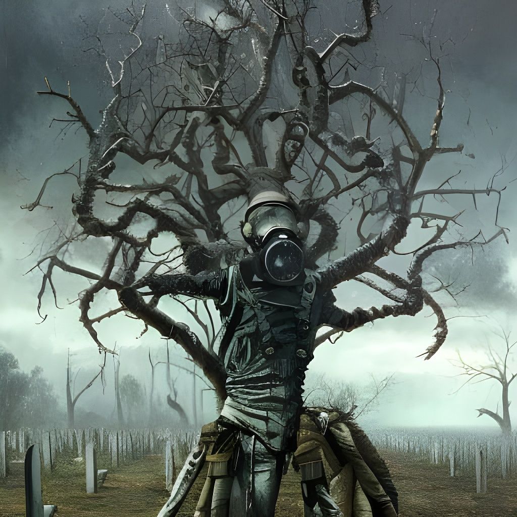 Gasmask Tree in Military Graveyard: Sci-Fi Horror Painting
