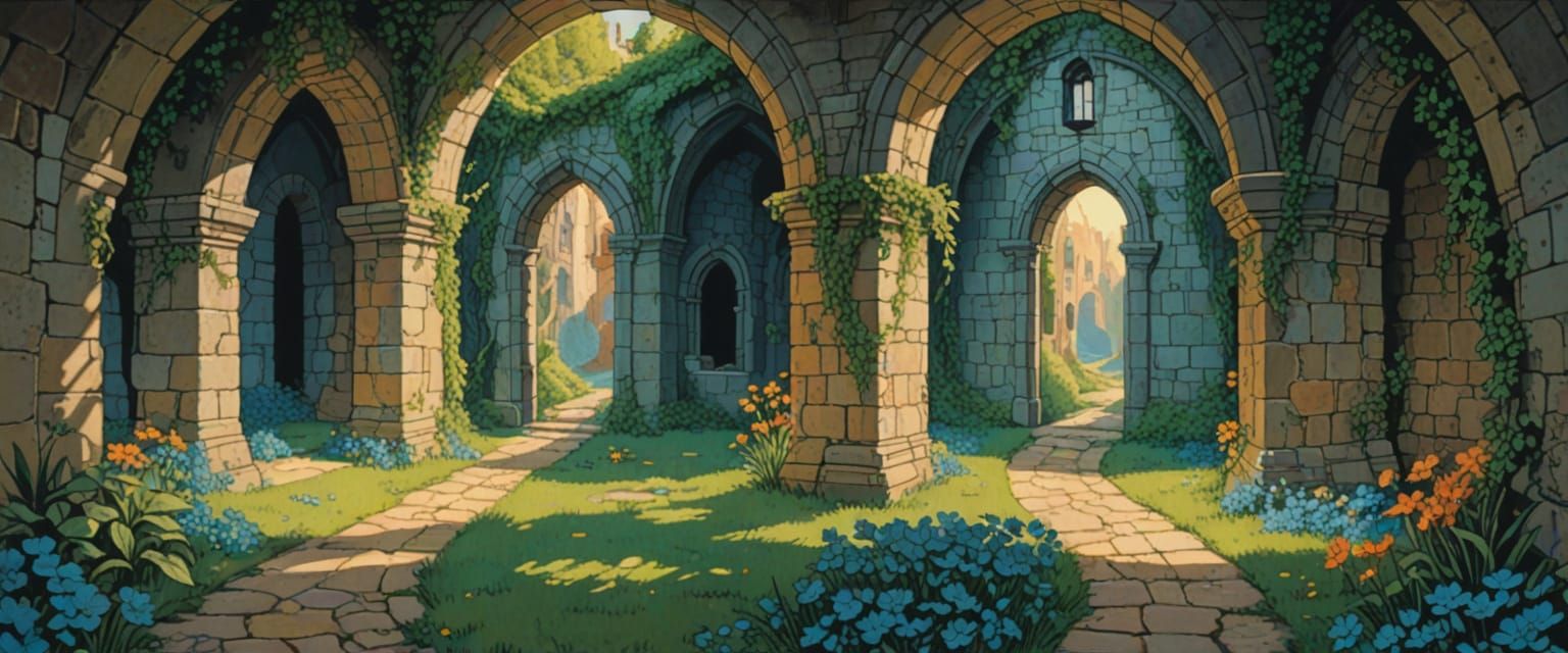 Mysterious Castle Passageway with Escher Arches