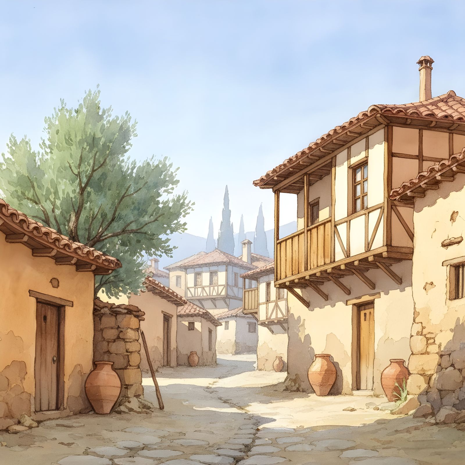 Cyprus Village in Watercolour Style