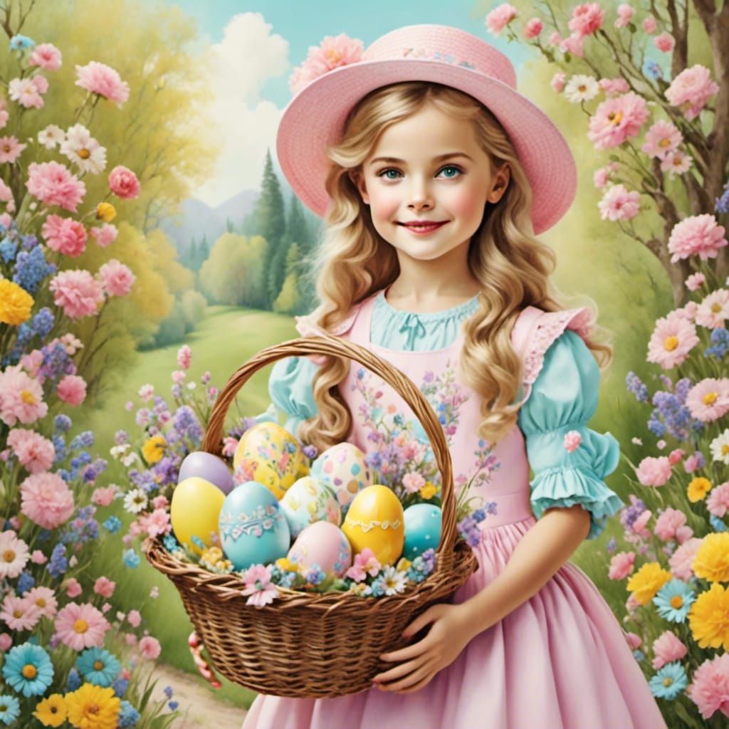 Girl with Easter Basket in Surreal Style
