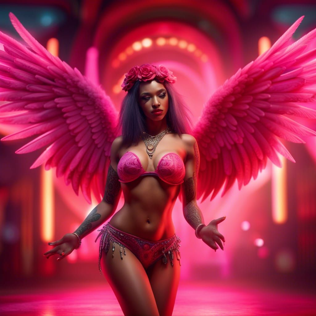 Voluptuous Dancer with Angel Wings in Hyperrealistic Style