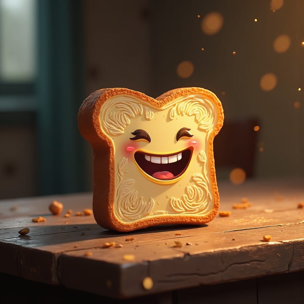 Joyful Bread Smile on Rustic Table, Matte Painting
