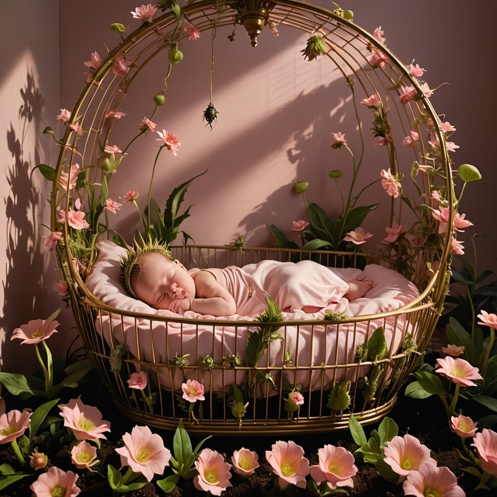 Surreal Baby in Venus Flytrap Crib