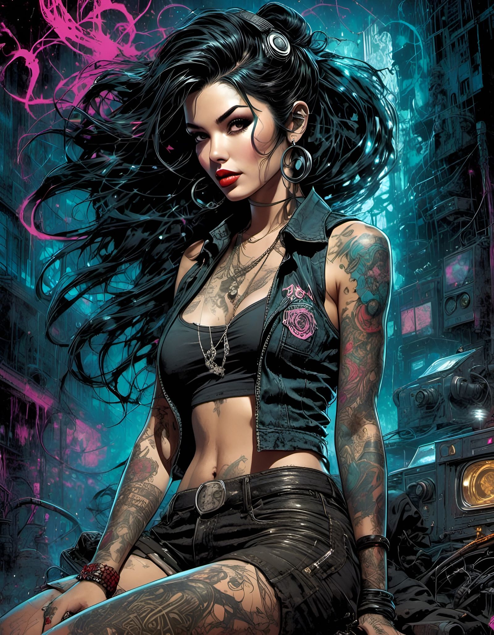Retro Cyberpunk Pinup in Grunge Poster Style