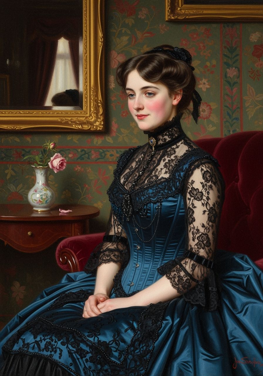 Victorian Woman in Blue Silk Dress, Oil Painting
