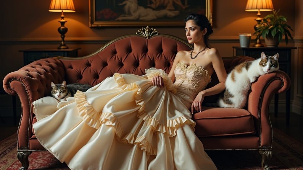 Elegant Woman with Cats in Luxurious Setting