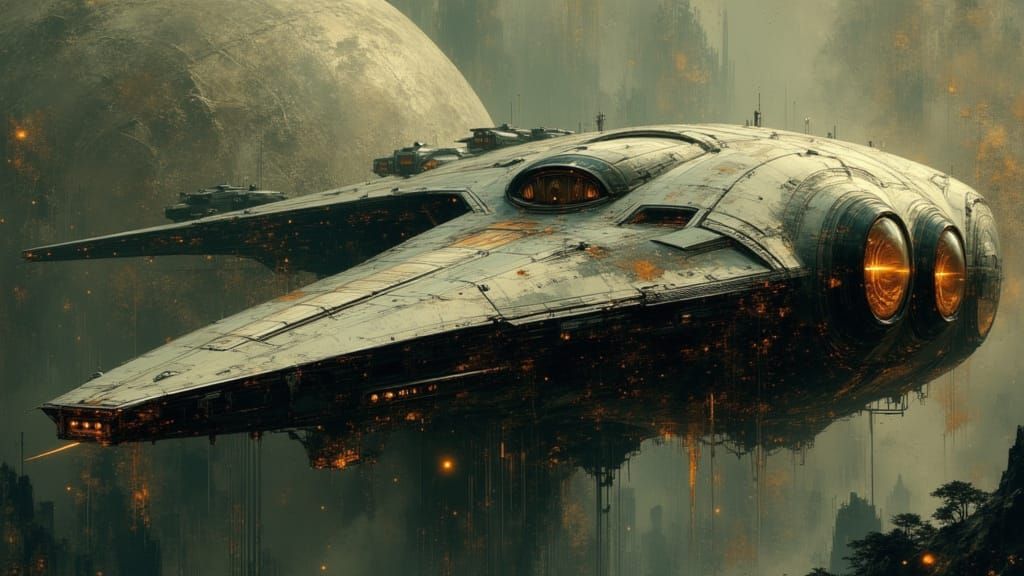Alien Spaceship Glides Past Ringed Planet in Dark Aesthetic