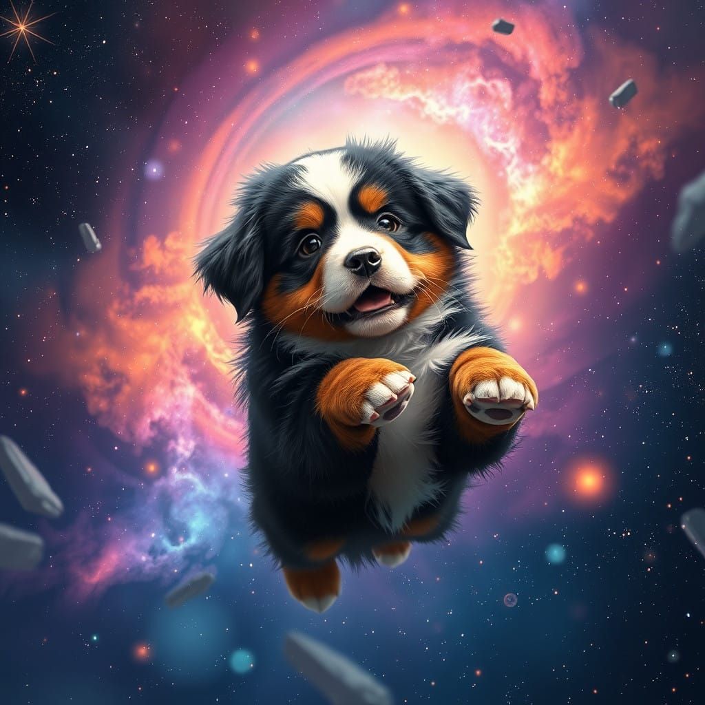 Floating Bernese Mountain Dog Puppy in a Cosmic Starry Nebul...