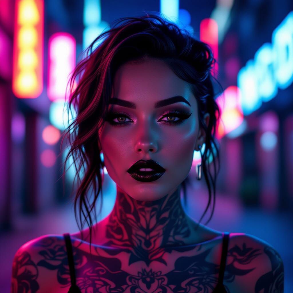 Photorealistic Tattoos and Neon Lights Portrait