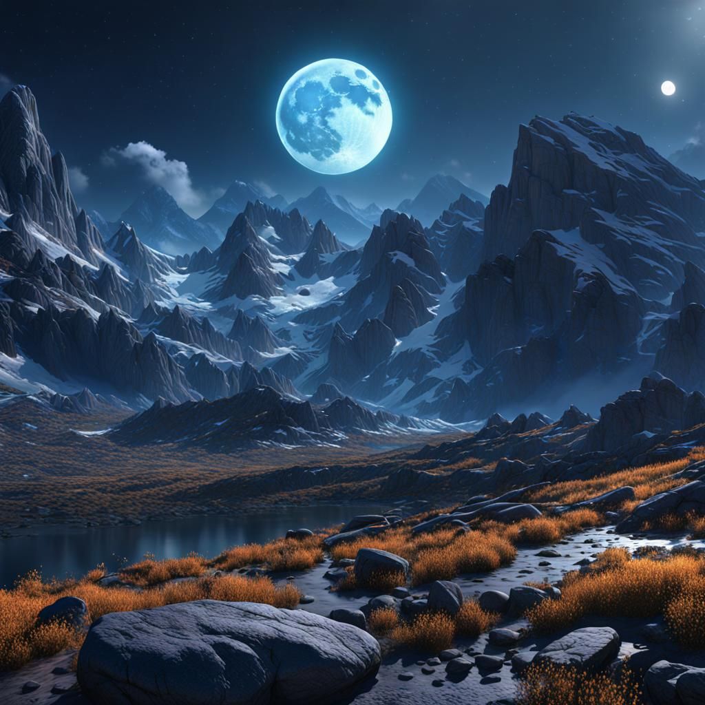 Double Moon Over Rocky Mountains: Fantasy Art