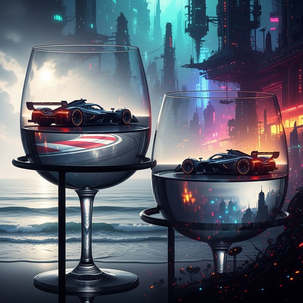 Glasses Reflecting Race Car in Futuristic Landscape