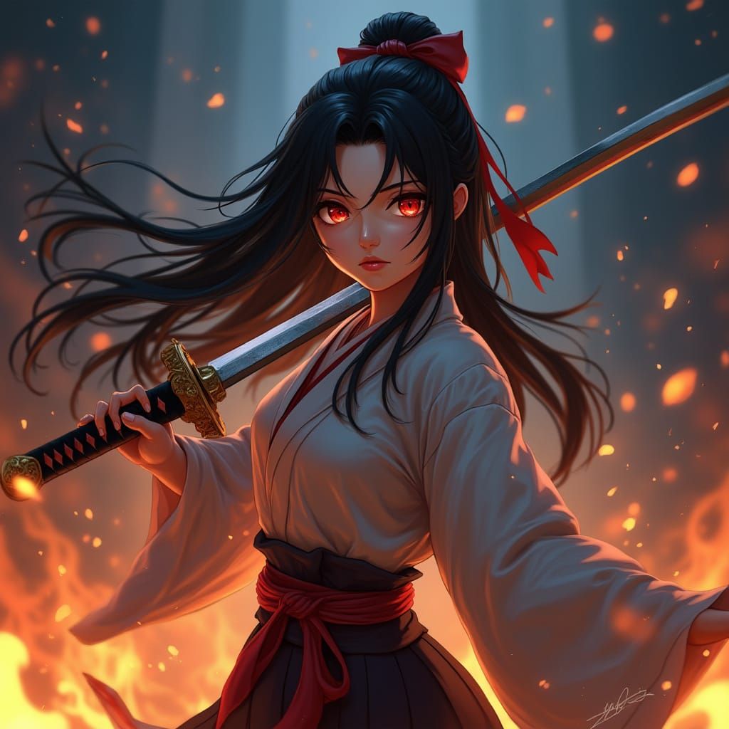 Anime Warrior with Katana in Fiery Digital Painting