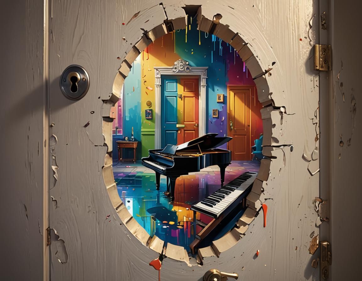 Hyperrealistic Piano Room Through Keyhole: Splash Art