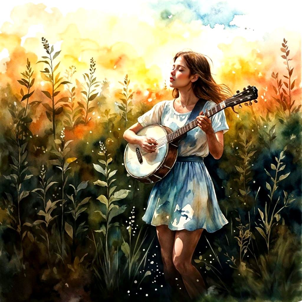 Banjo Player in Overgrown Field: Watercolor Ink Drawing