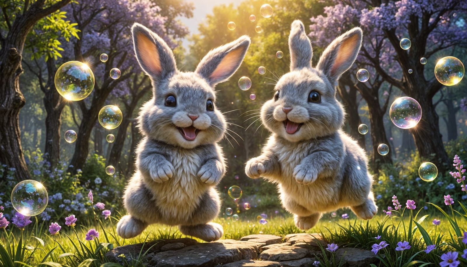 Smiling Bunny Leaps on Bubbles: Dreamcore Digital Art