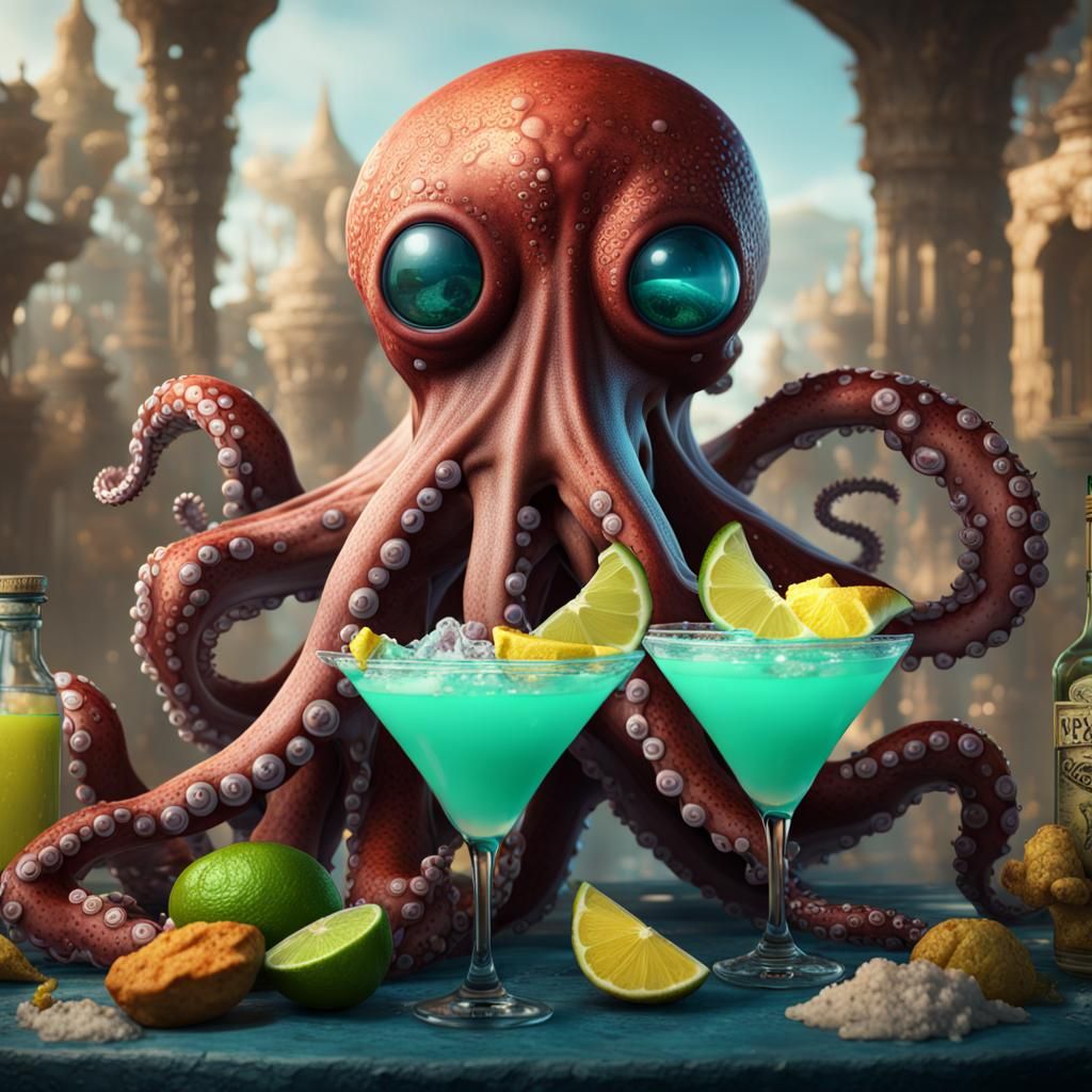 Octopus Enjoys a Margarita in Detailed Digital Art