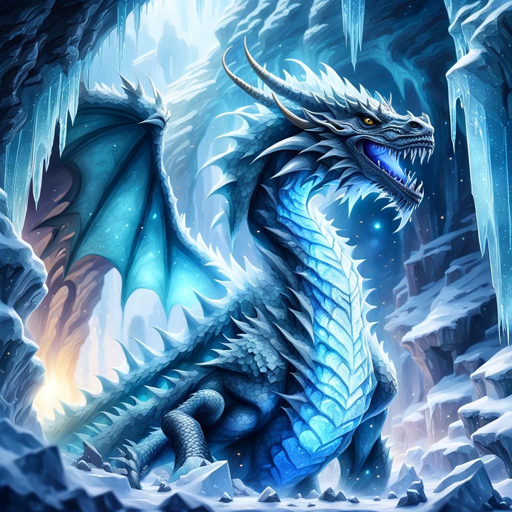 Icy Dragon in Misty Cave: Oil Painting Textures