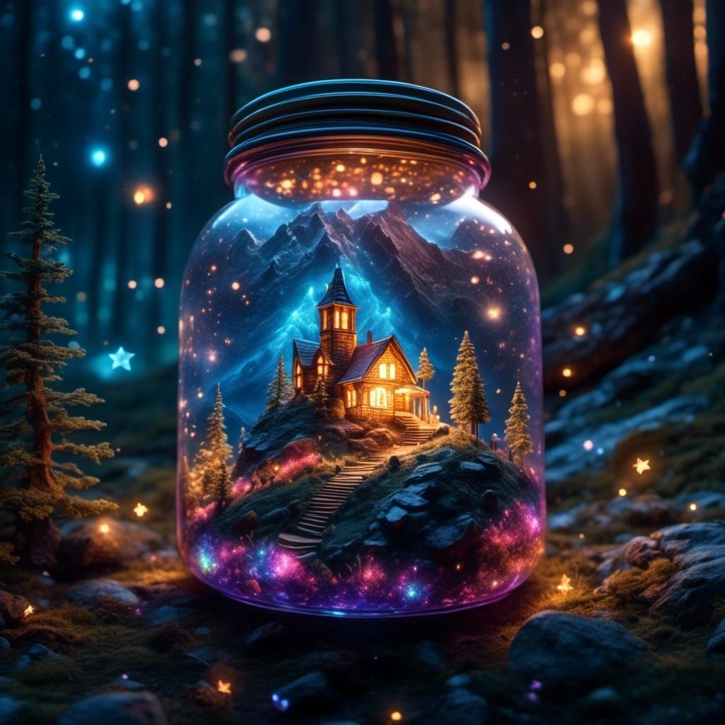 Cosmic Light Jar in Enchanted Forest at Night