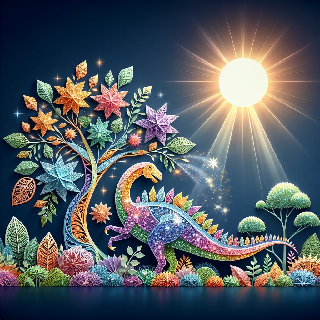 Brontosaurus Grazing on Kirigami Tree in Sunlight