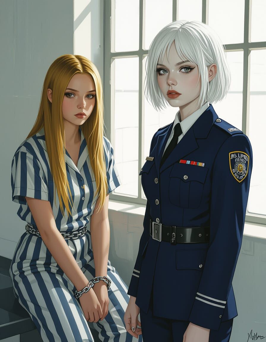 Albino Woman in Police Suit, Hyperreal Portrait