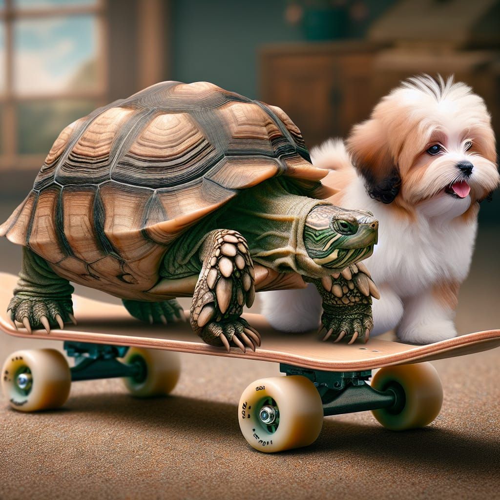 Turtle on Skateboard Plays with Havanese Puppy in a Realisti...