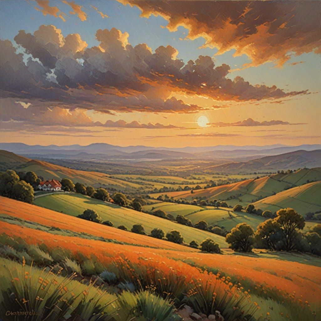 Golden Sunset Over Hills as Impressionist Oil Painting