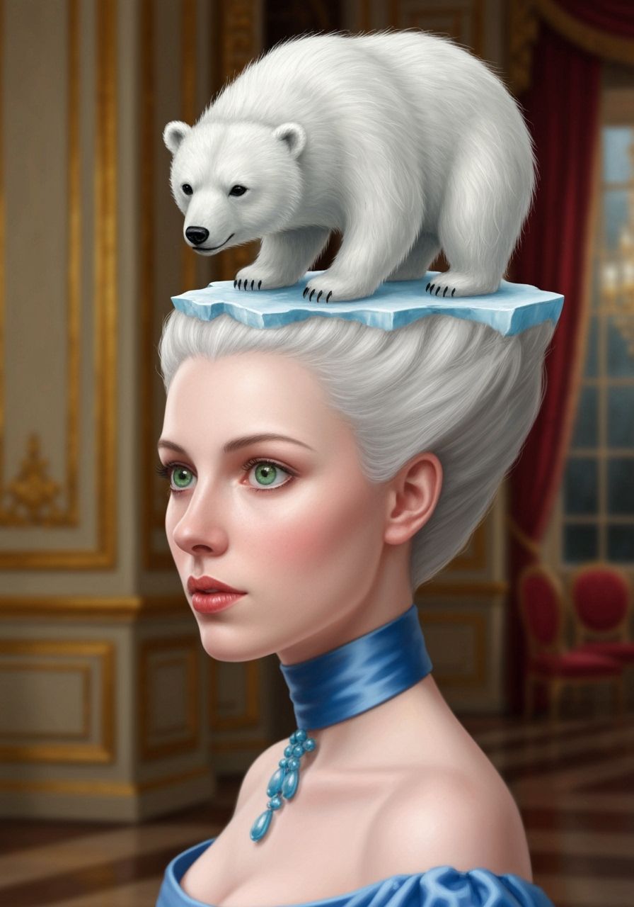 Polar Bear Hairstyle Portrait: 18th Century Oil Painting