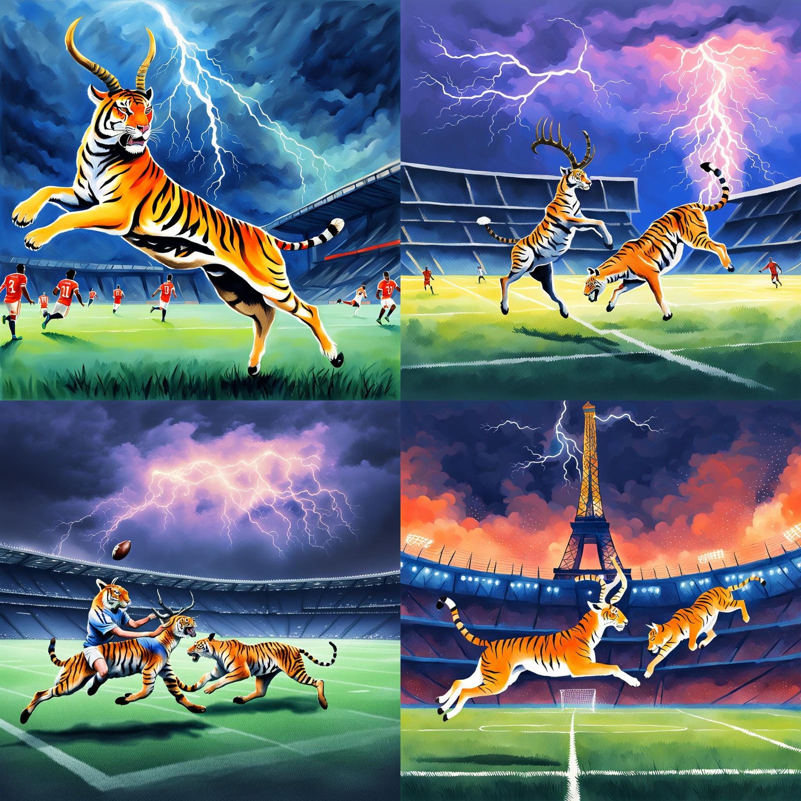 Gazelles Triumph Over Tigers in Paris: Gothic Gouache Art