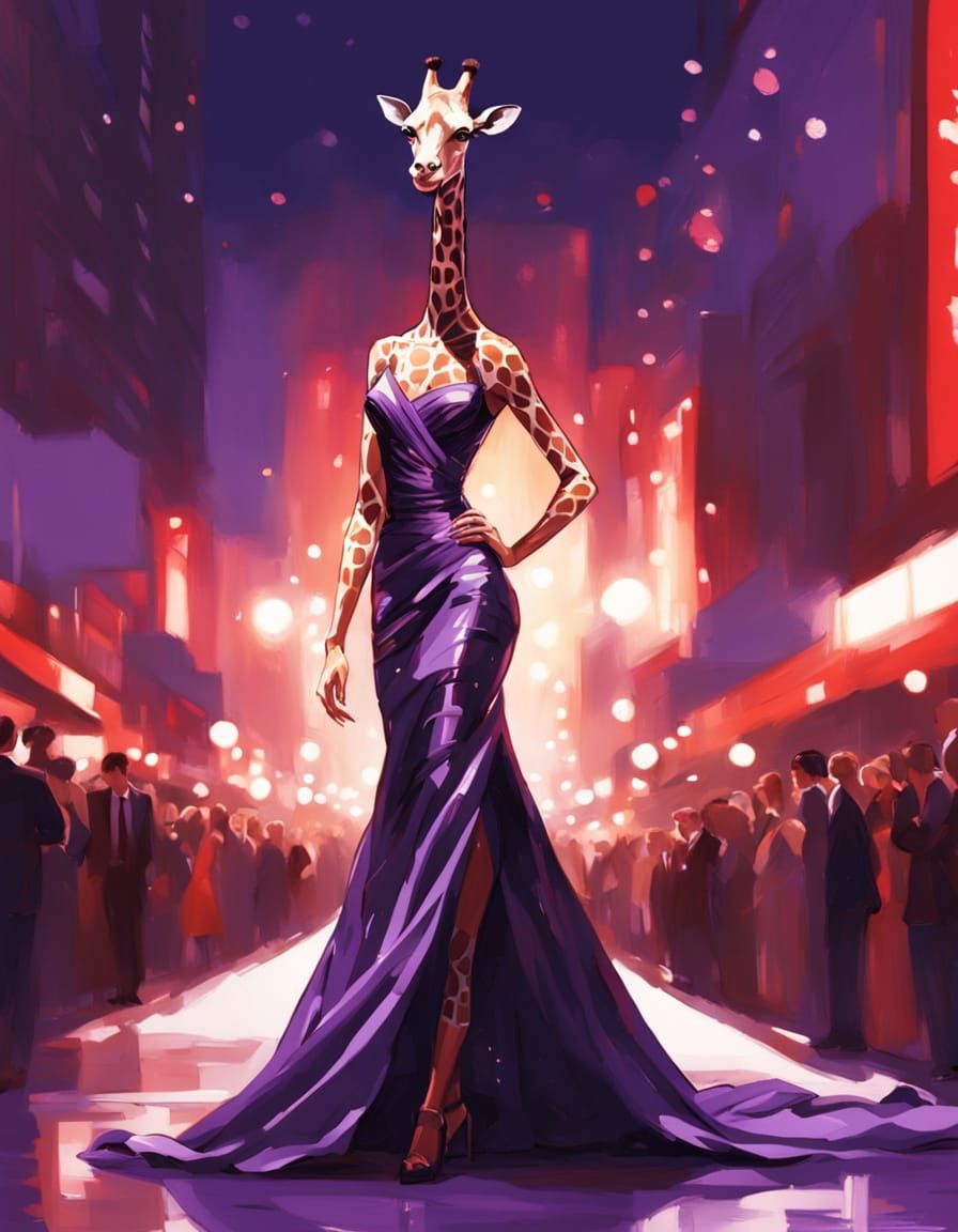 Giraffe in Elegant Purple Satin Gown Struts Red Carpet