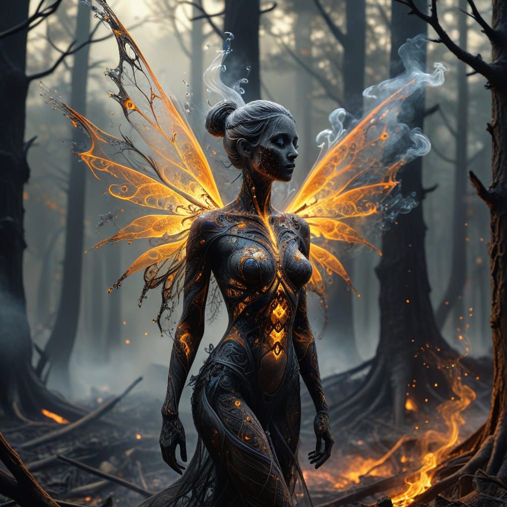 Smoky Ash Fairy in Charred Forest: Surreal Digital Art