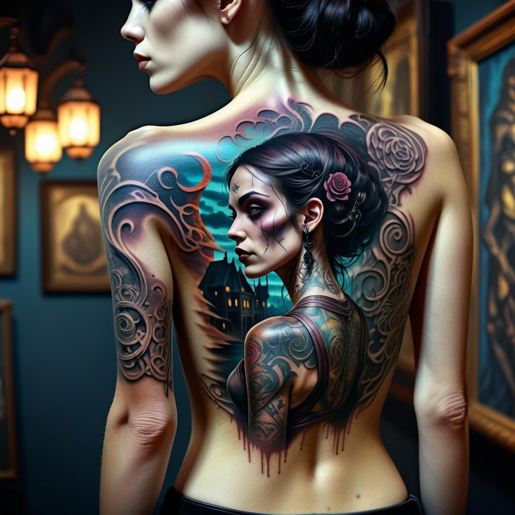 Gothic Horror Tattoo Art on Woman's Back