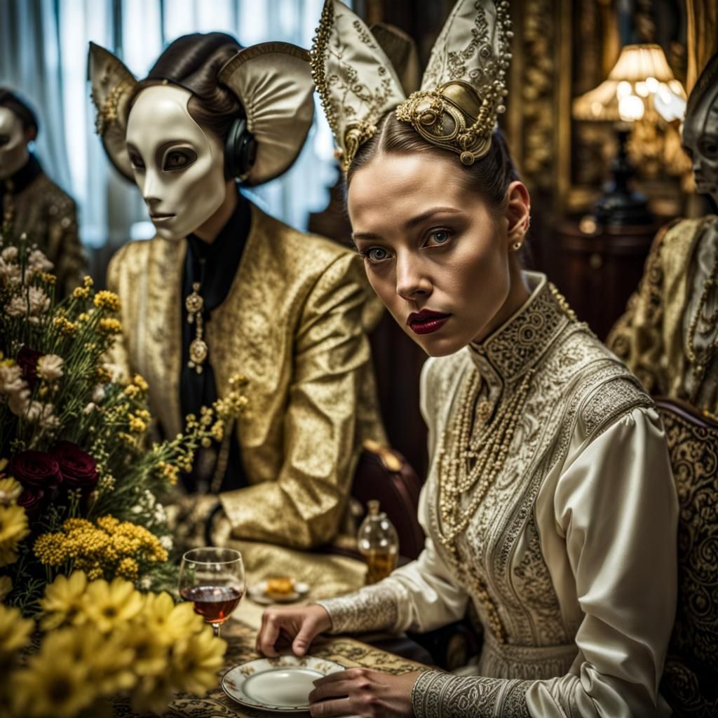 Surreal Alien Celebration in Gritty Restaurant