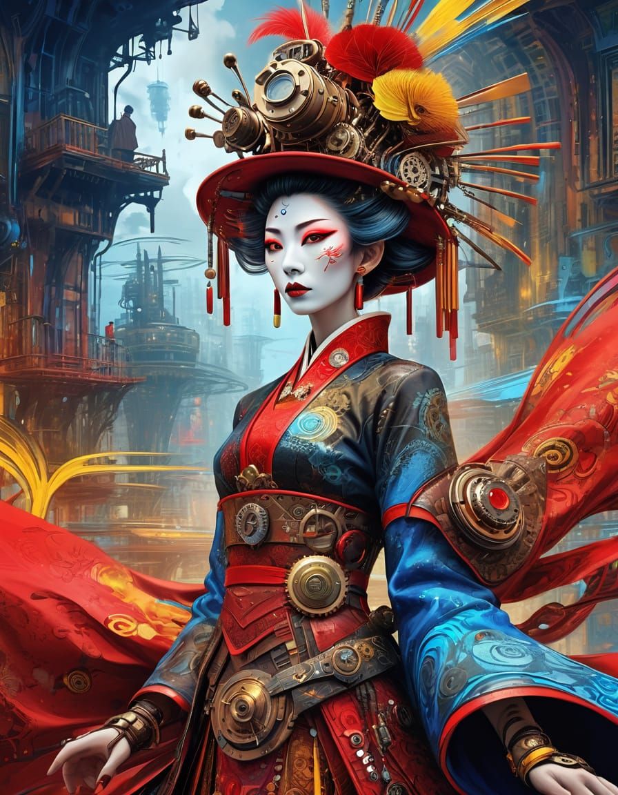Steampunk Oiran Portrait in Vivid Oil Painting Style