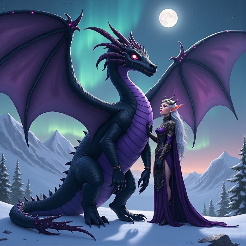 Majestic Dragon and Elf on Snowy Hillside