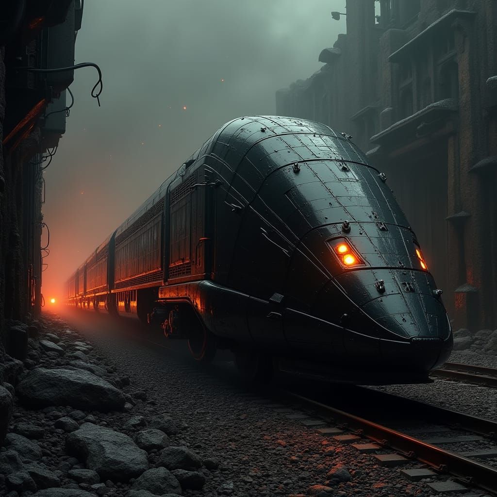 Imposing Futuristic Train in Dark, Twisted Industrial Landsc...