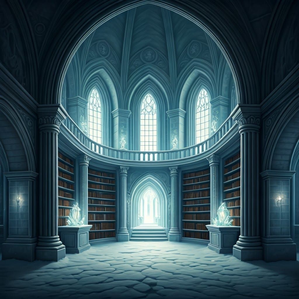 Ethereal Ice Library with Glowing Tomes and Moonlit Ambiance