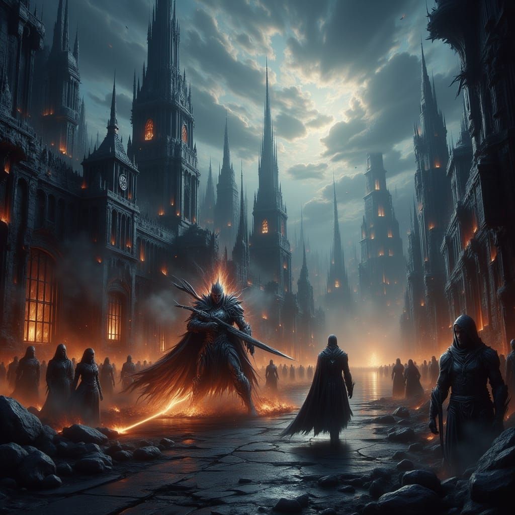 Armored Warriors Clash in Twilight Cityscape