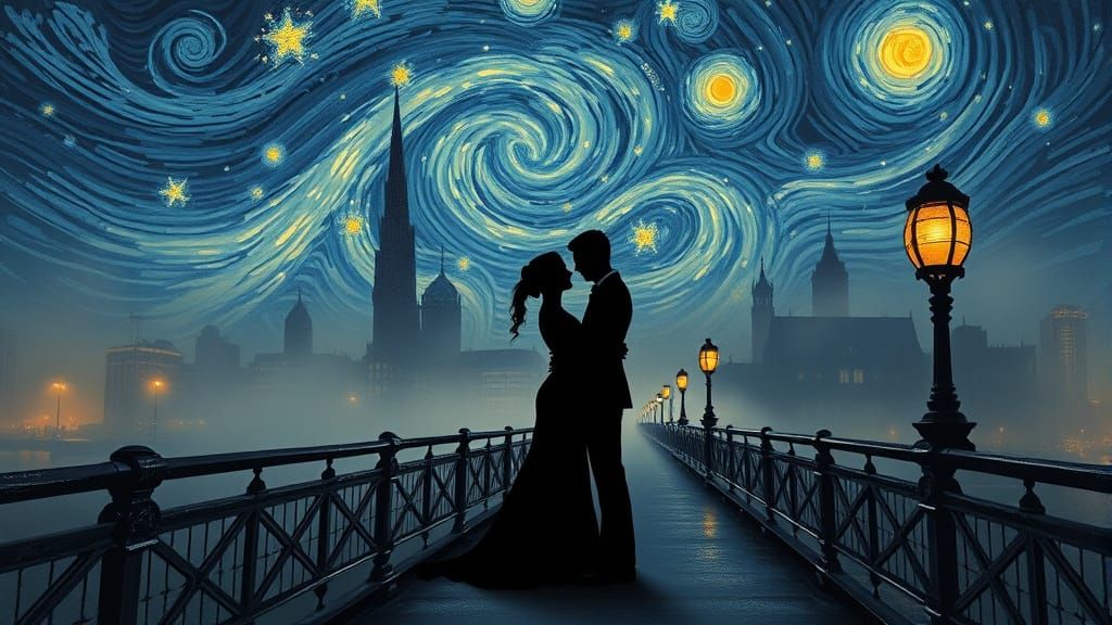Couple Under Starry Night Sky in Van Gogh Style