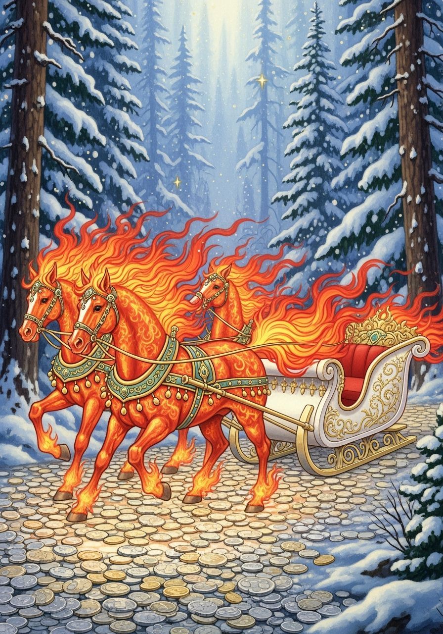 Fiery Horses Sleigh Ride Through Winter Forest