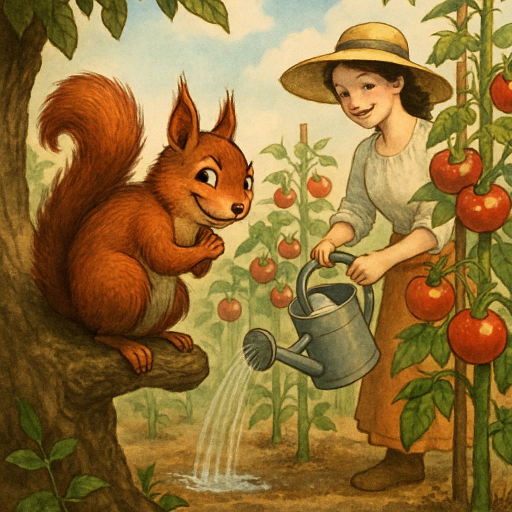 Squirrel Watches Woman Water Tomato Garden