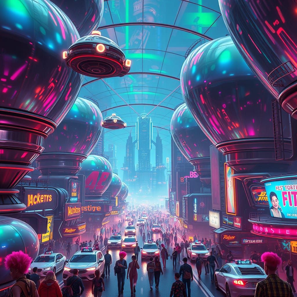 Retro-Futuristic Metropolis in Iridescent Domes, Inspired by...