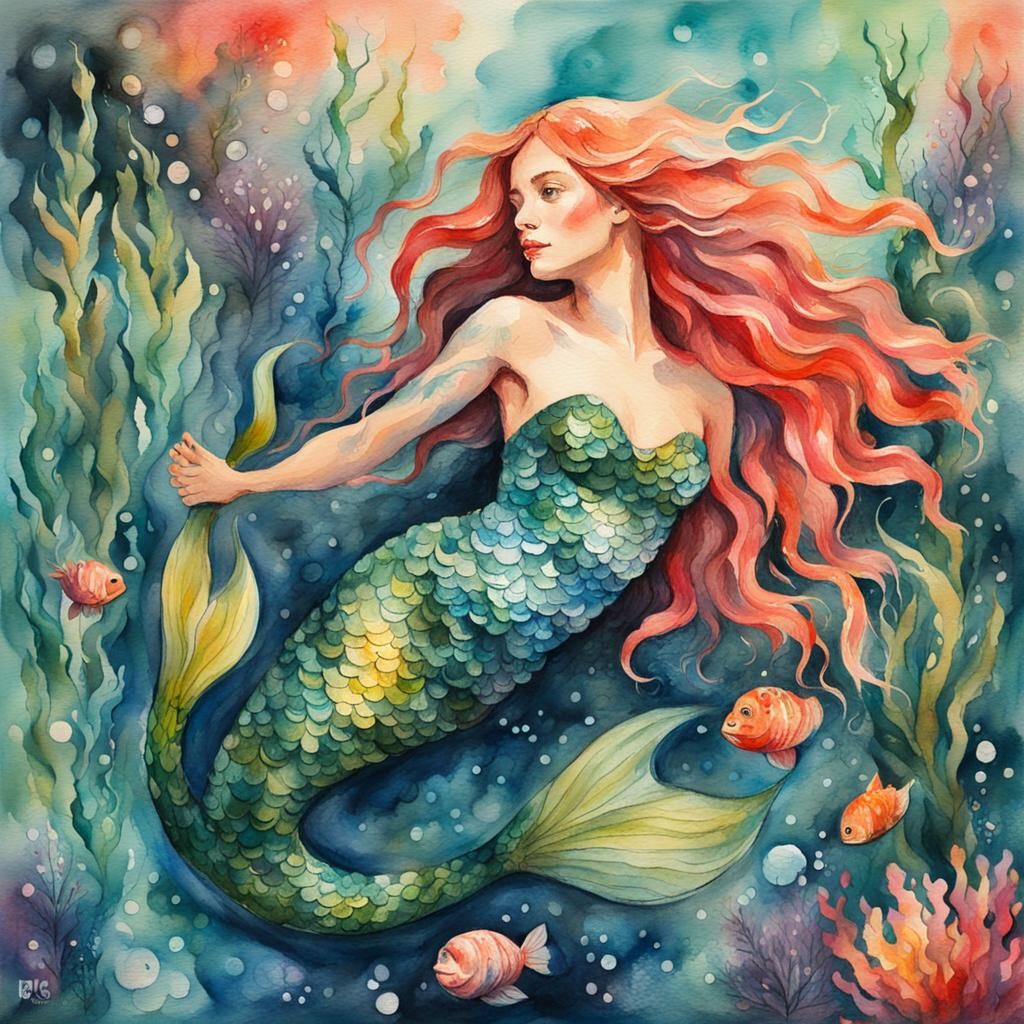 Botanical Mermaid in Gouache Style Watercolor