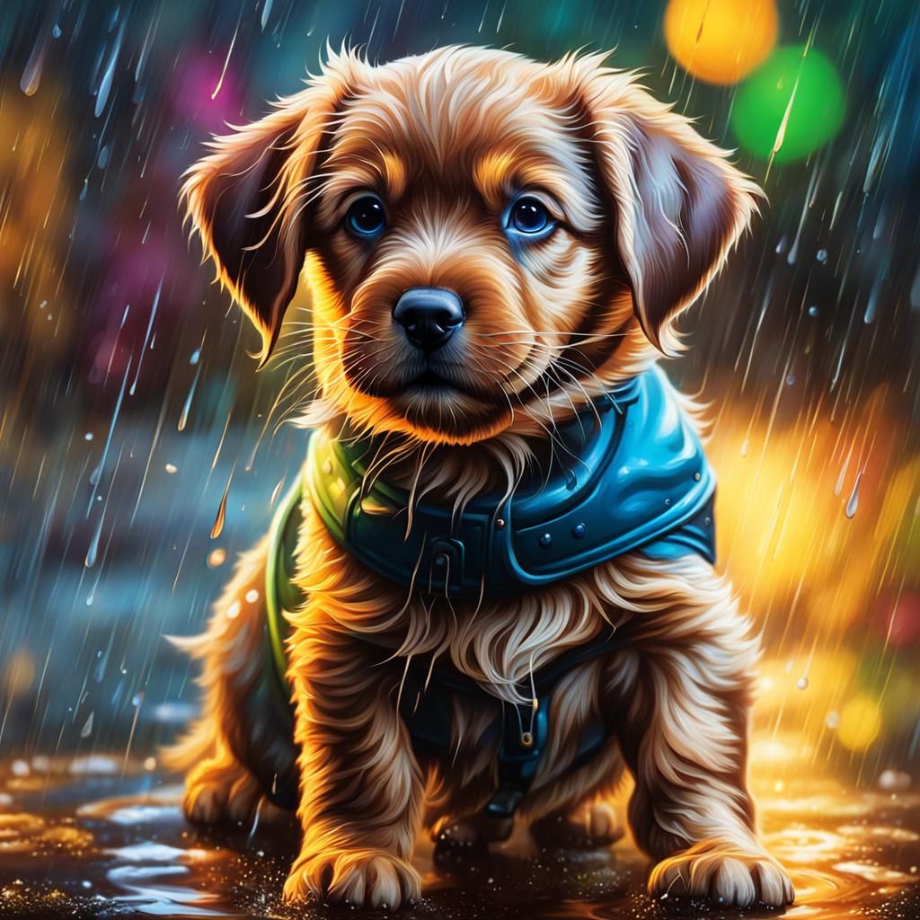 Puppy Playing in the Rain: Hyperrealistic Splash Art
