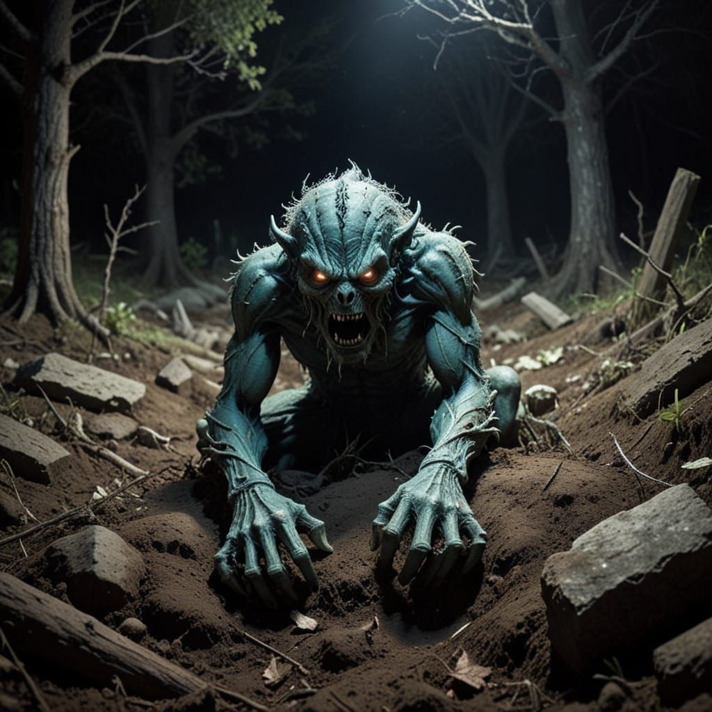 Luminescent Demonic Monster Hiding Under Grave