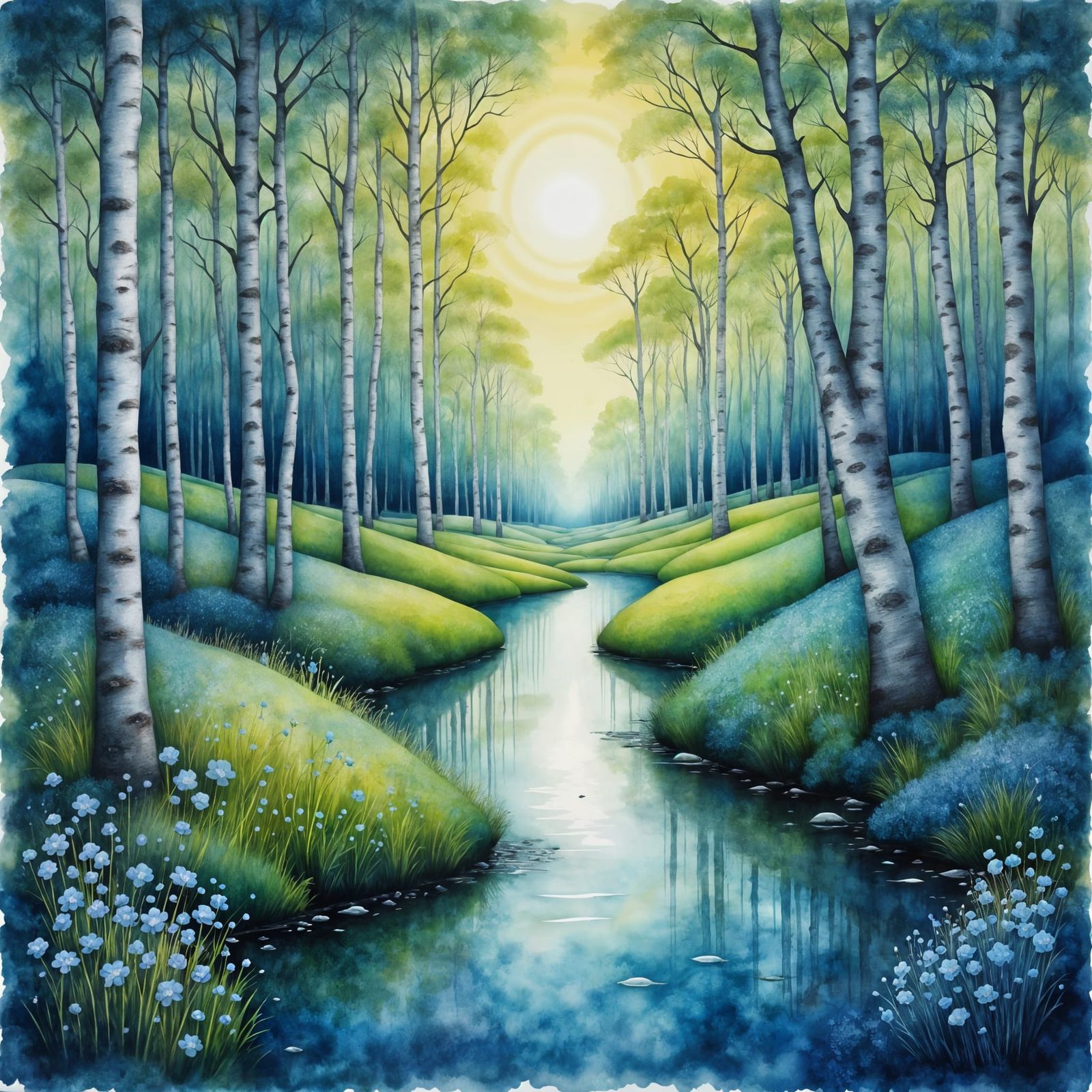 Forget-Me-Nots in Sunlit Birch Forest Glade