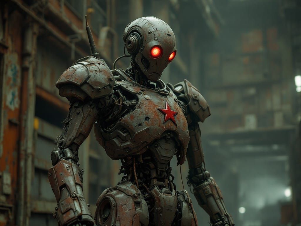 Glowing Red Eyes in a Rusty, Corroded Exoskeleton